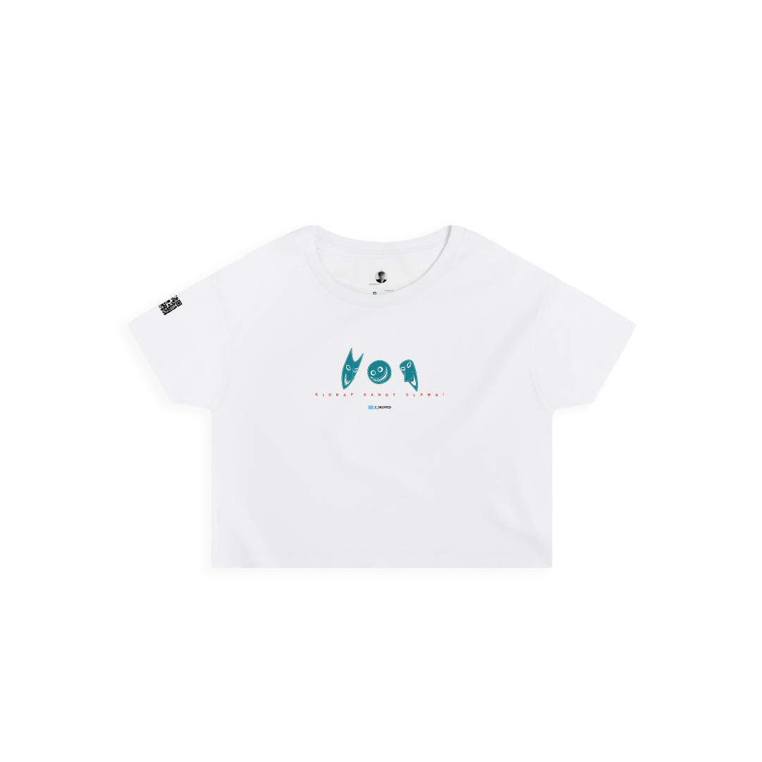 Front view of a white crop top with colorful lock shock and barrel graphics on a white background