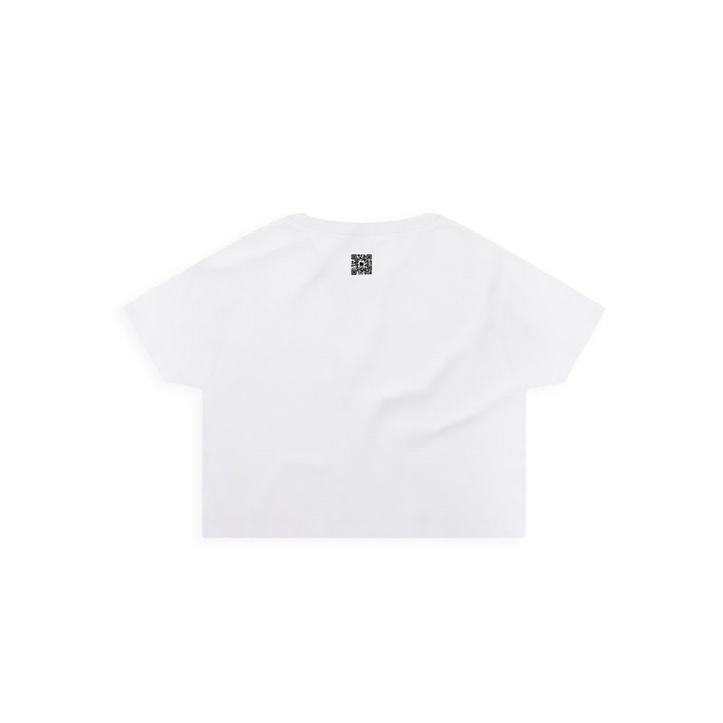 Rear view of a women's white crop top with a small black zdropped QR code on a white background
