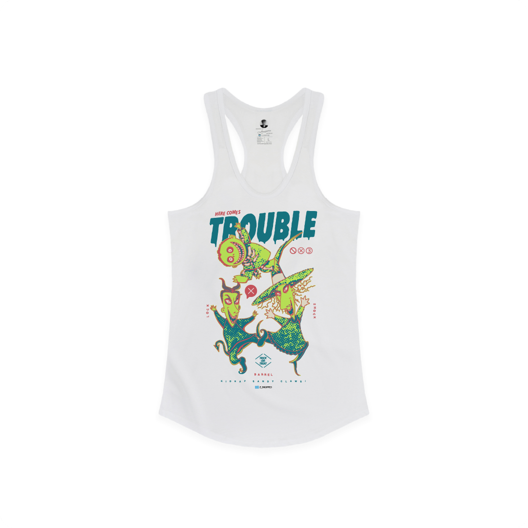 Front view of a white racer back tank top with colorful lock shock and barrel and 'Here Comes Trouble' text on a white background