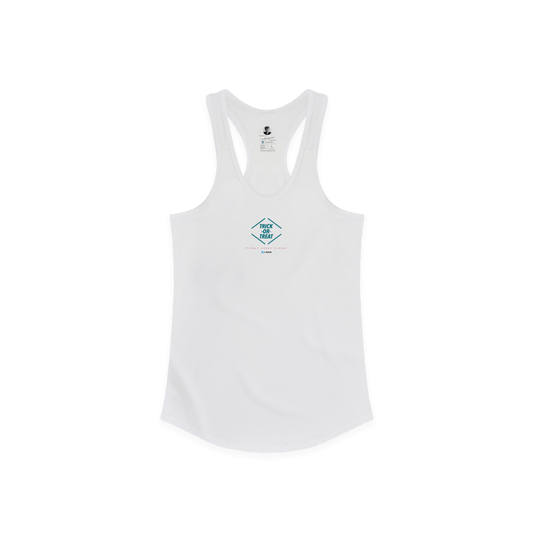 Front view of a white racer back tank top with a small trick or treat logo on a white background