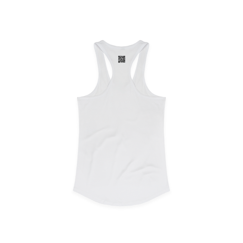 Rear view of a women's white racer back tank top with a small black zdropped QR code printed on the back against a white background