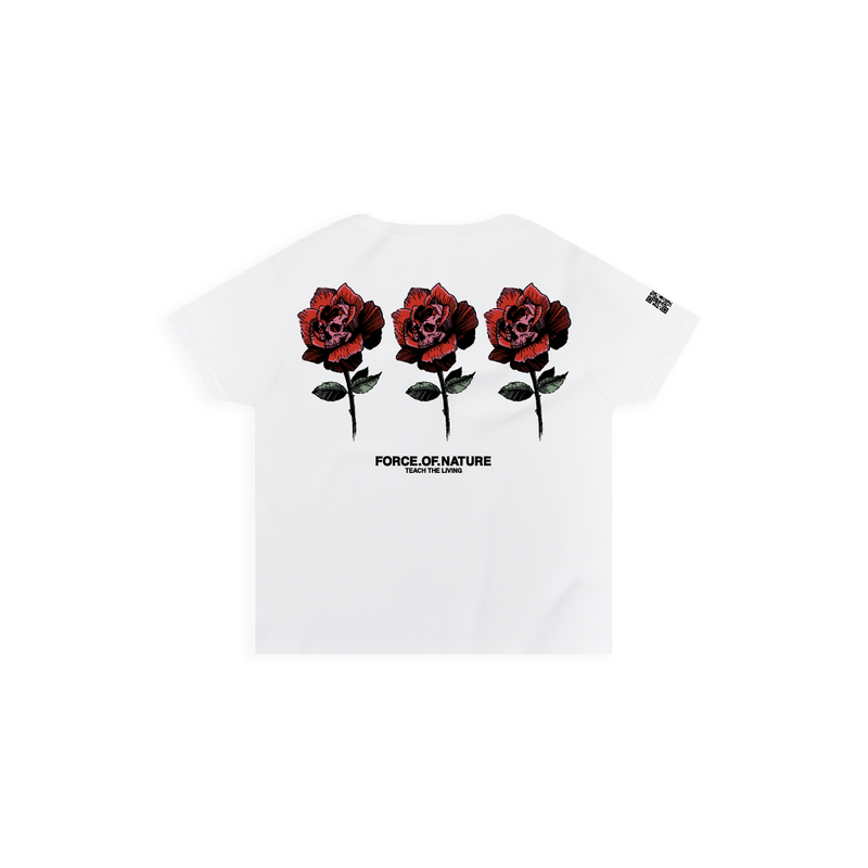 White womens high waist t-shirt with red roses and 'Force of Nature' text on a white background