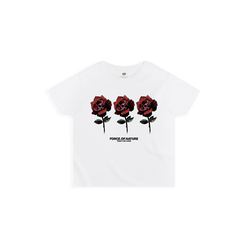 White womens high waist t-shirt with red roses and 'Force of Nature' text on a white background