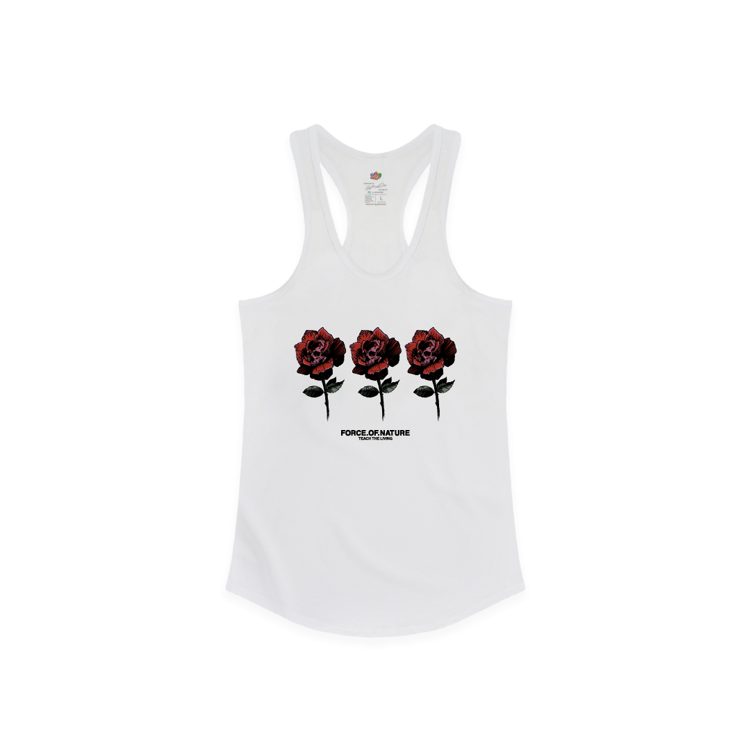 Front view of a womens white racerback tank top with three red rose graphic on a white background