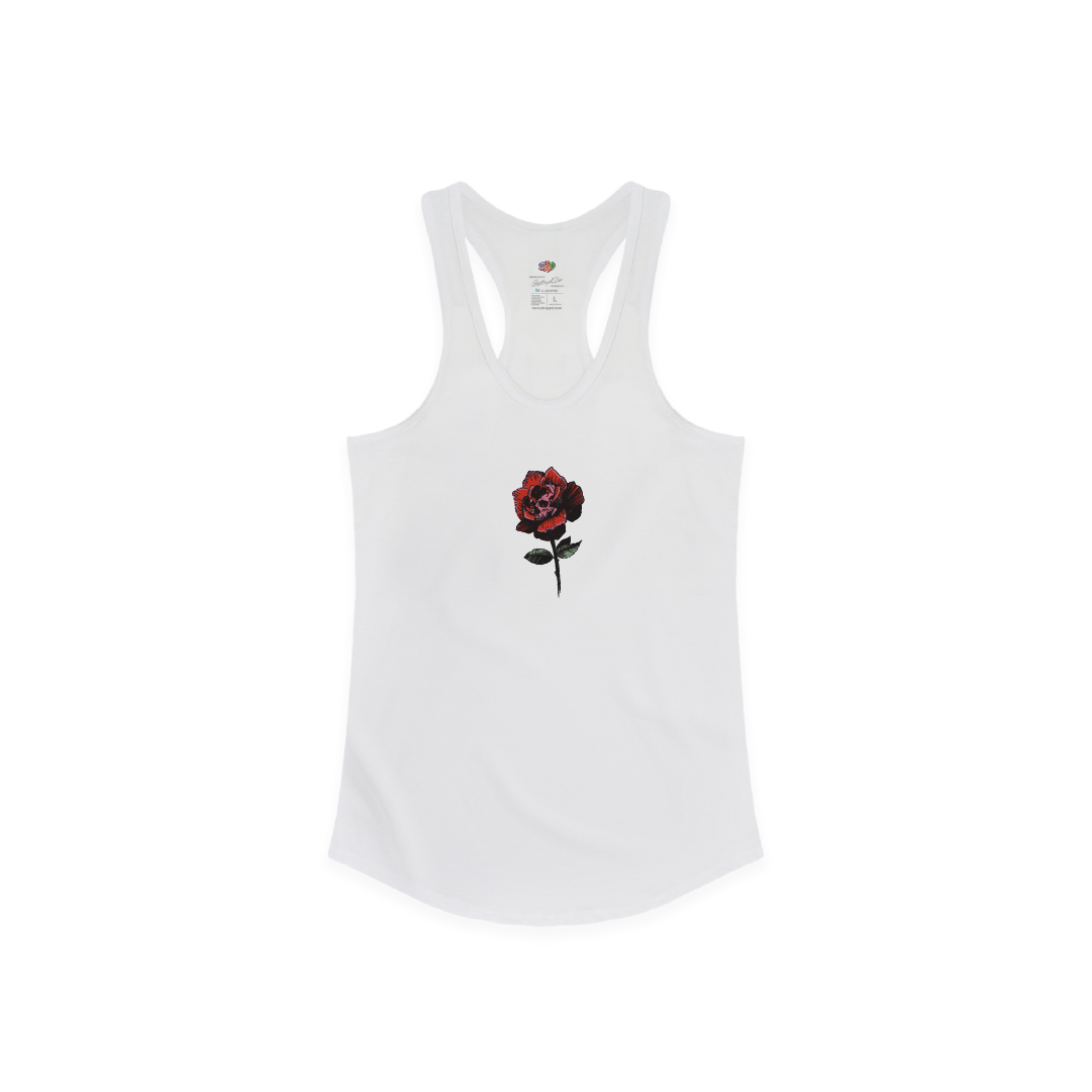 Front view of a womens white racerback tank top with a red rose graphic on a white background