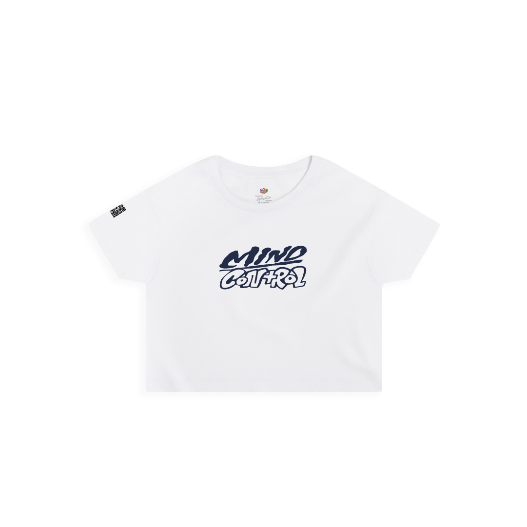 White crop top t-shirt with Mind Control text on a white background