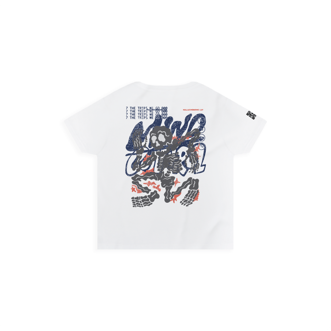 Rear view of a womens white high waist t-shirt with skeleton graphic and text on a white background