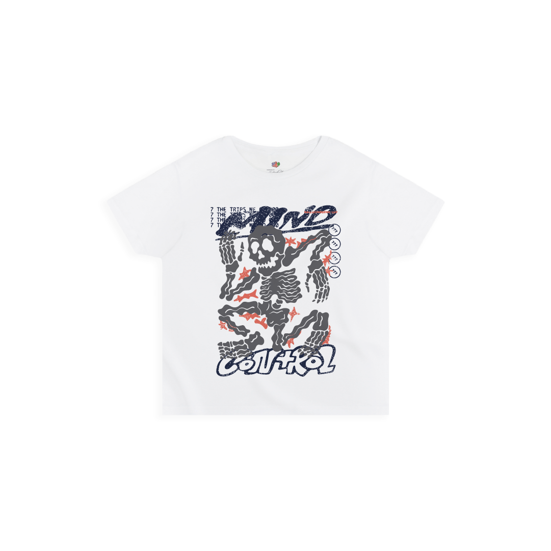 Front view of a womens white high waist t-shirt with skeleton graphic and text on a white background