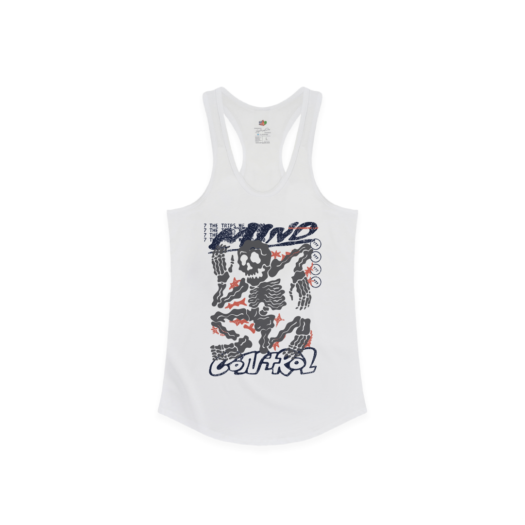 Front view of a womens white racerback tank top with a Mind Control Skeleton Graphic on a white background
