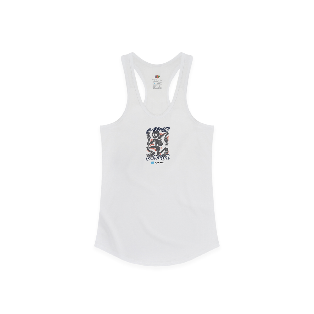 Front view of a womens white racerback tank top with a Mind Control Skeleton Graphic on a white background