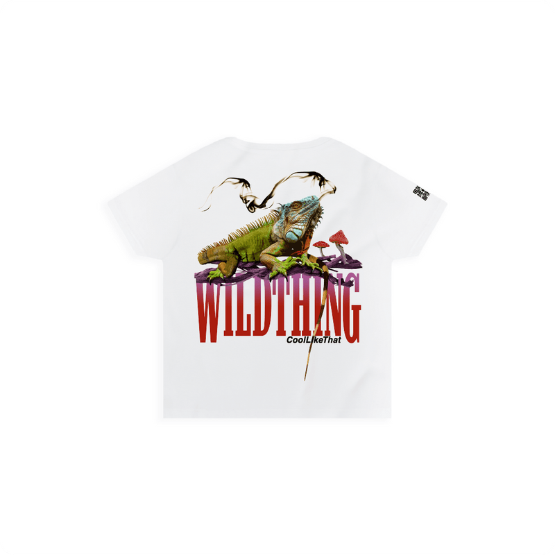 Rear view of a women's white high waisted shirt with an iguana lizard smoking a joint on a large red 'WILDTHING' text with magic mushrooms. 