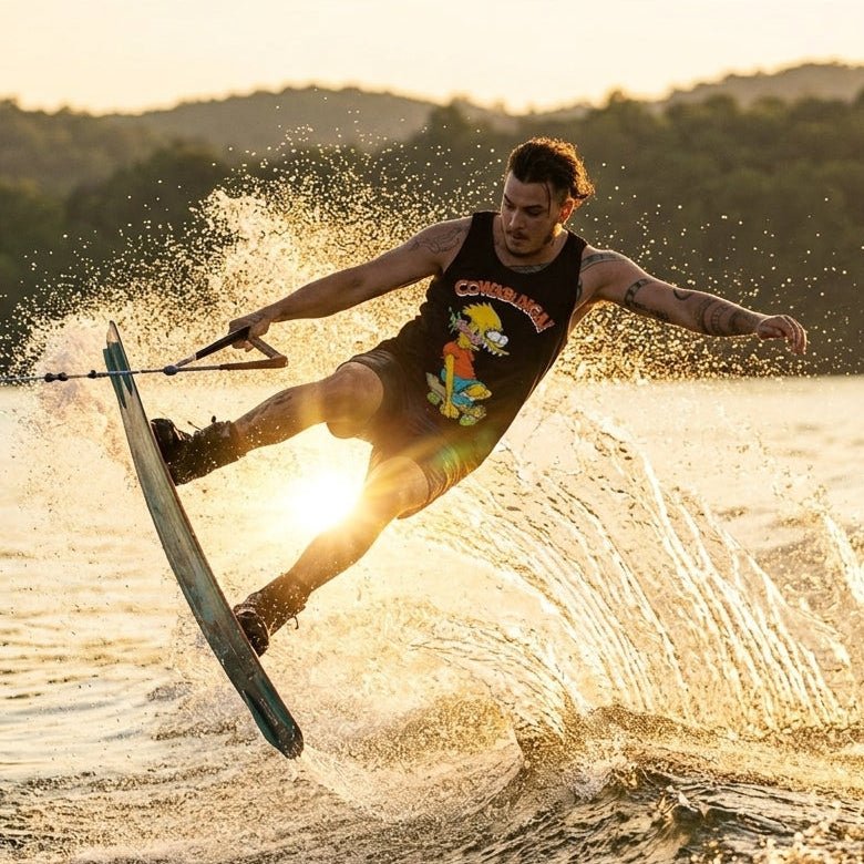 Person wakeboarding on a lake with a sunset in the background