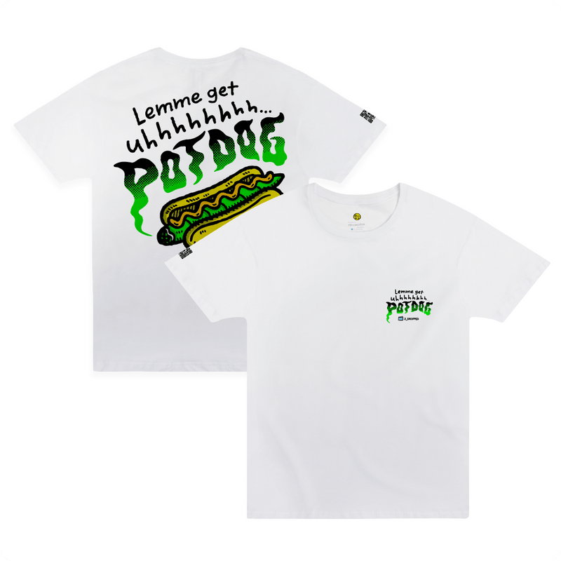 Front and rear view of a white t-shirt with a green blunt hot dog and black “Lemme get uhhhhhh… POTDOG” text.