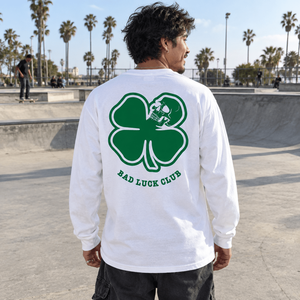 Death Clover white long sleeve candid back shot