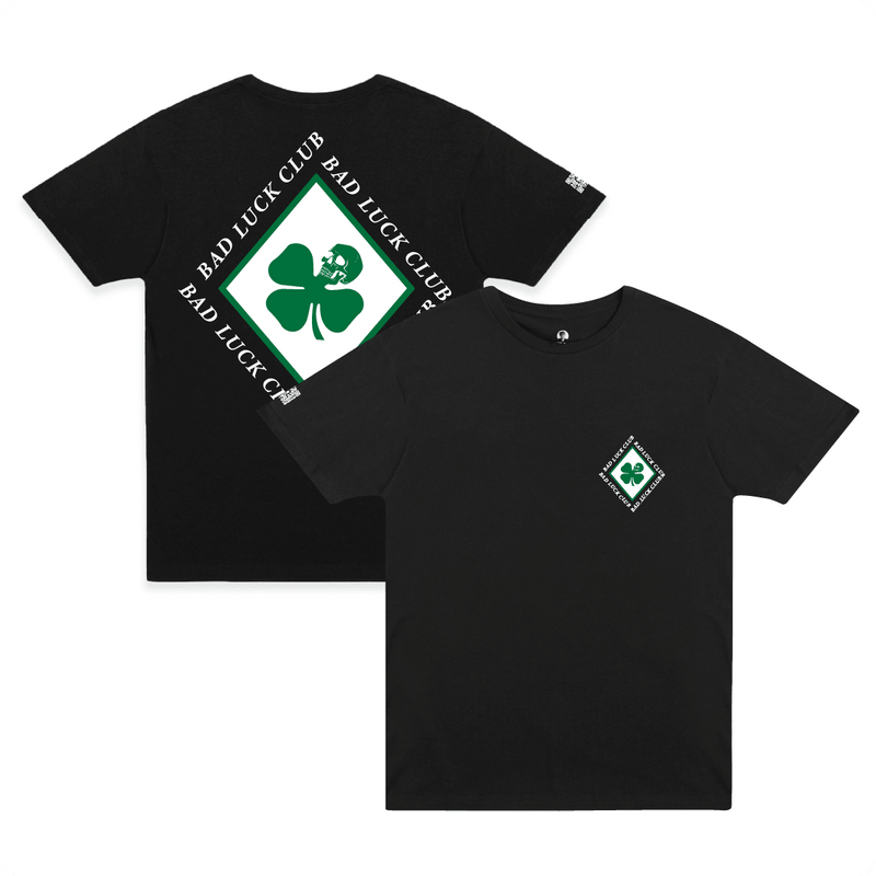 Front and rear view of a black crew neck t-shirt with a large green skull death clover diamond graphic and white 'Bad Luck Club' text.