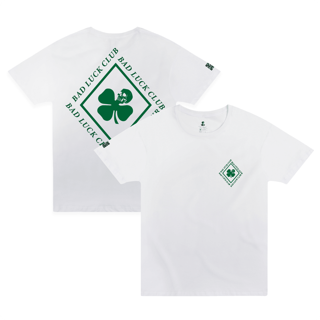 Front and rear view of a whitecrew neck t-shirt with a large green skull death clover diamond graphic and white 'Bad Luck Club' text.