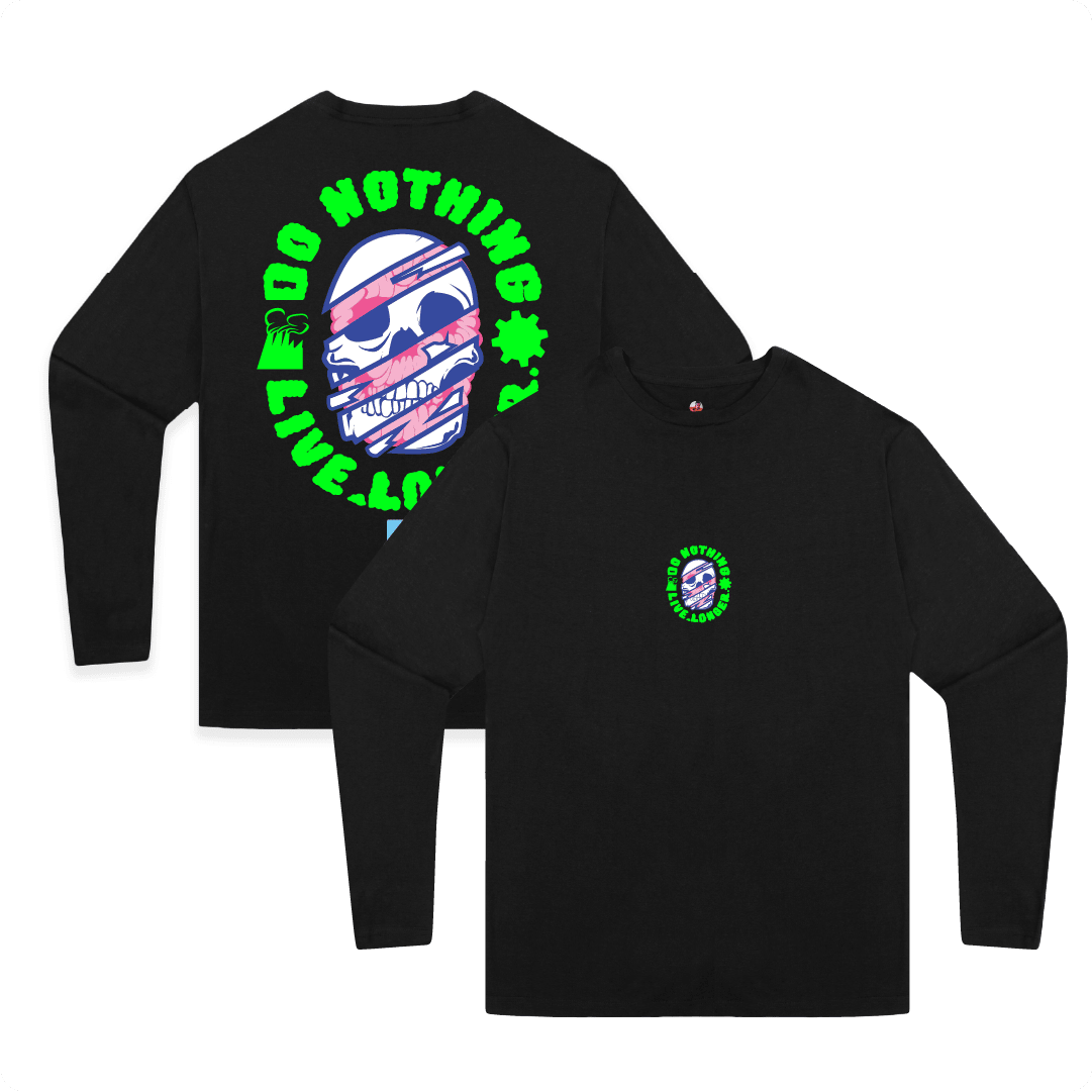 Front and back view of a black long sleeved shirt with a neon green skull graphic and 'Do nothing live longer' text