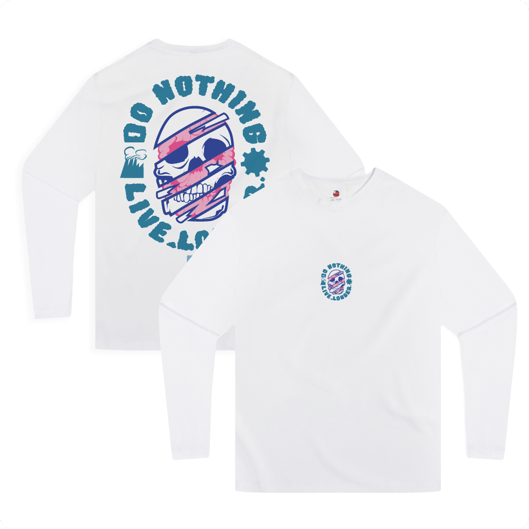 Front and back view of a white long sleeved shirt with a neon green skull graphic and 'Do nothing live longer' text