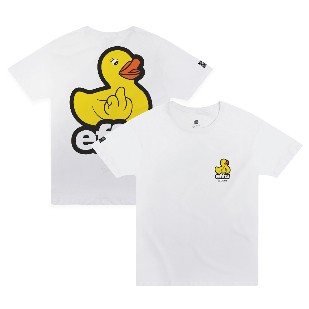 Front and Rear view of a white t-shirt with a large yellow rubber duck making a hand gesture and the word 'effu' on a white background