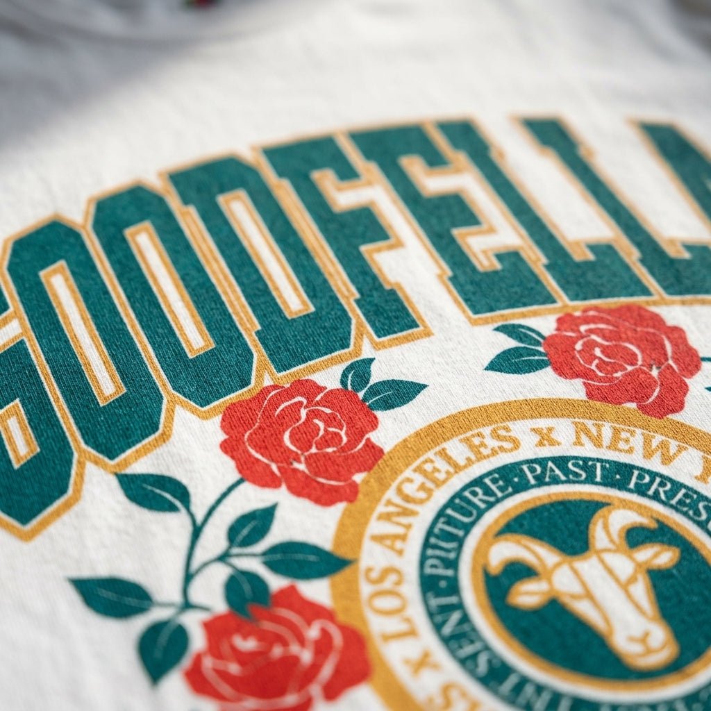 close up shot of zdropped goodfella print quality on a white garment