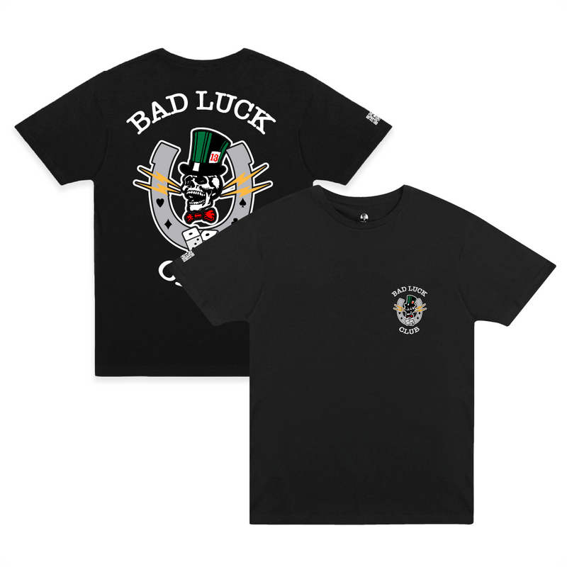 Front and rear view of a unisex black crew neck t-shirt with white 'BAD LUCK CLUB' text and a large graphic including a laughing skull, dice, and lightning bolts on a white background.