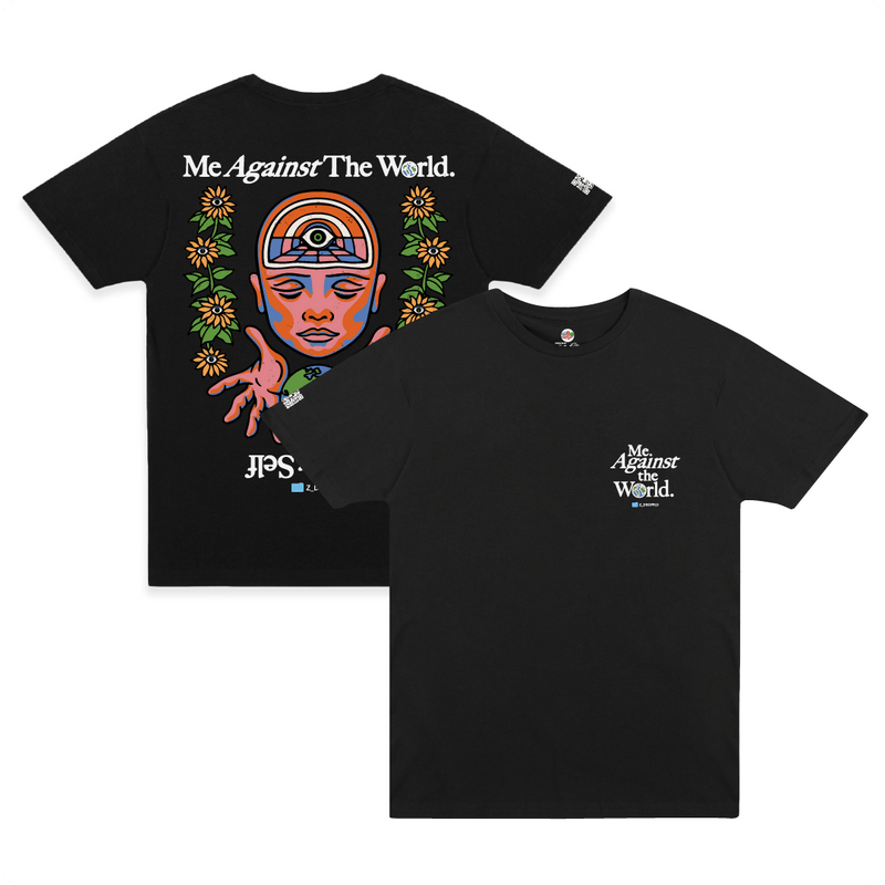 Front and rear view of a unisex black t-shirt with a colorful world and flowers with white 'Me Against The World' text on a white background