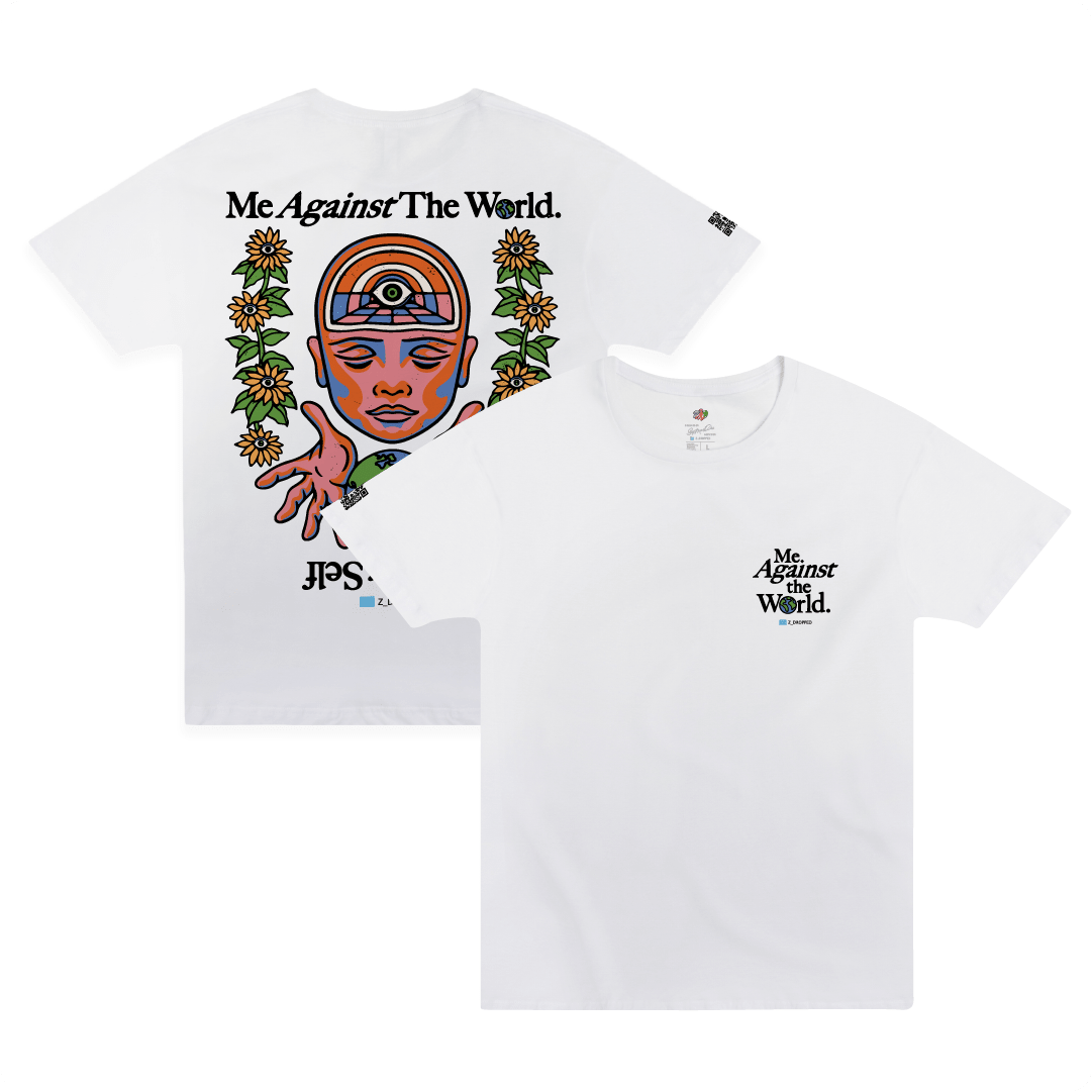 Front and rear view of a unisex white t-shirt with a colorful world and flowers with black 'Me Against The World' text on a white background