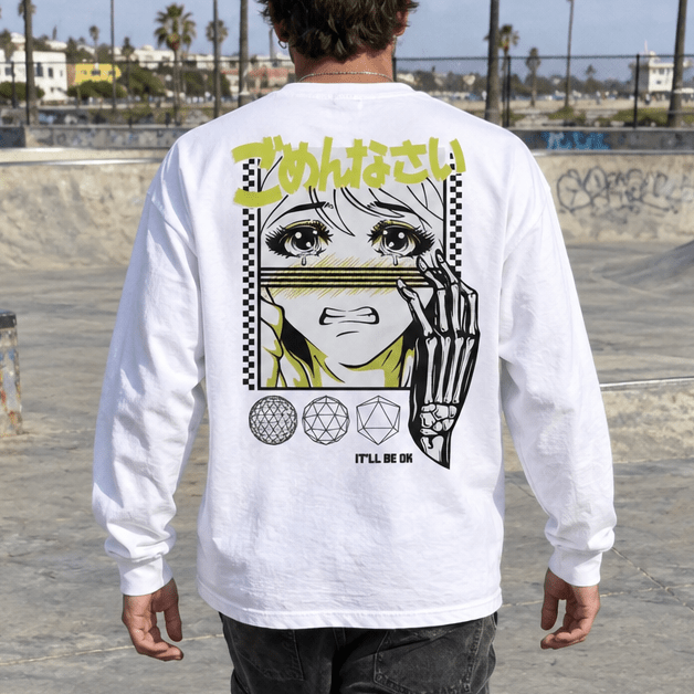 It’ll Be OK white long sleeve walking back shot without skateboard