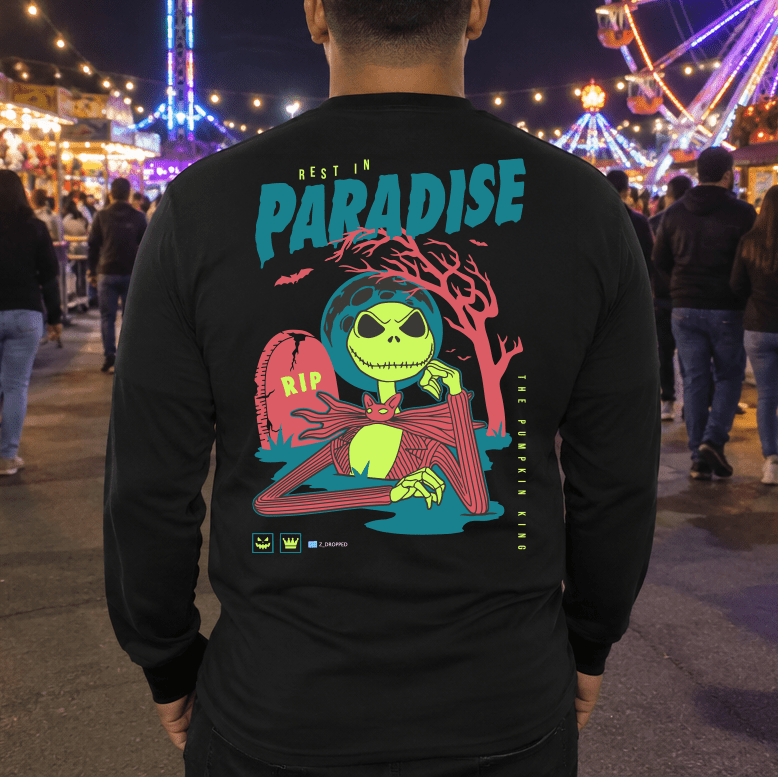 rear view jack-o-lantern shirt at an amusement park