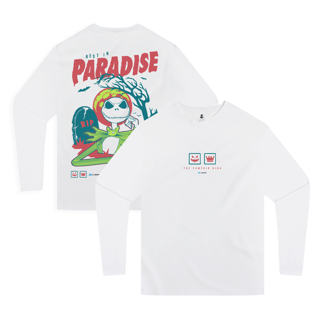 Front and back view of a white long sleeve shirt with a colorful Skelton and blue 'Rest in Paradise' text on a white background