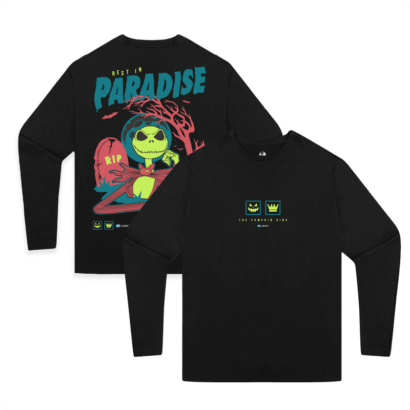 Front and back view of a black long sleeve shirt with a colorful Skelton and blue 'Rest in Paradise' text on a white background