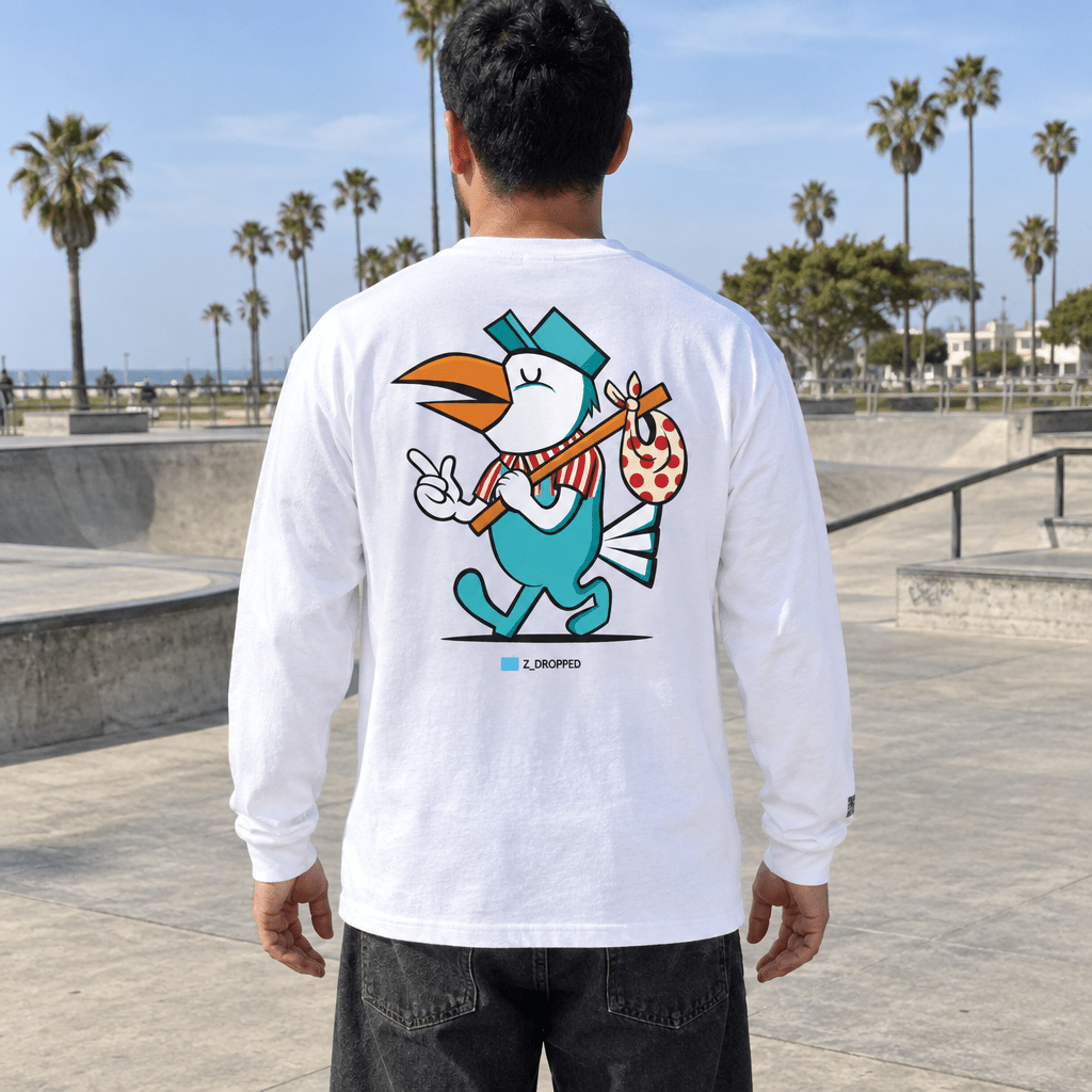 White Let Go long sleeve on a Latino male, rear view without skateboard