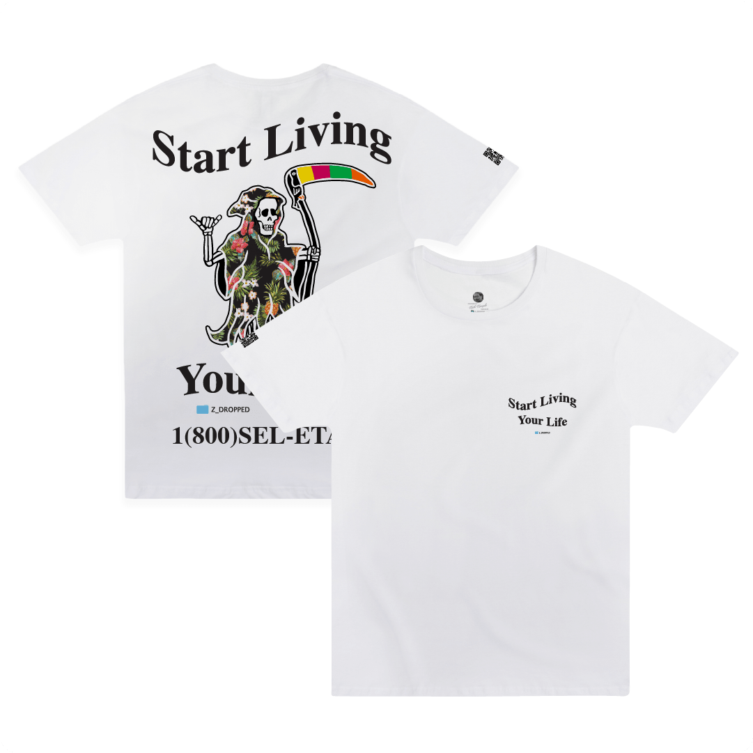 Front and rear view of a white shirt with a Floral Grim Reaper with black 'Start living your Life' text on a white background.