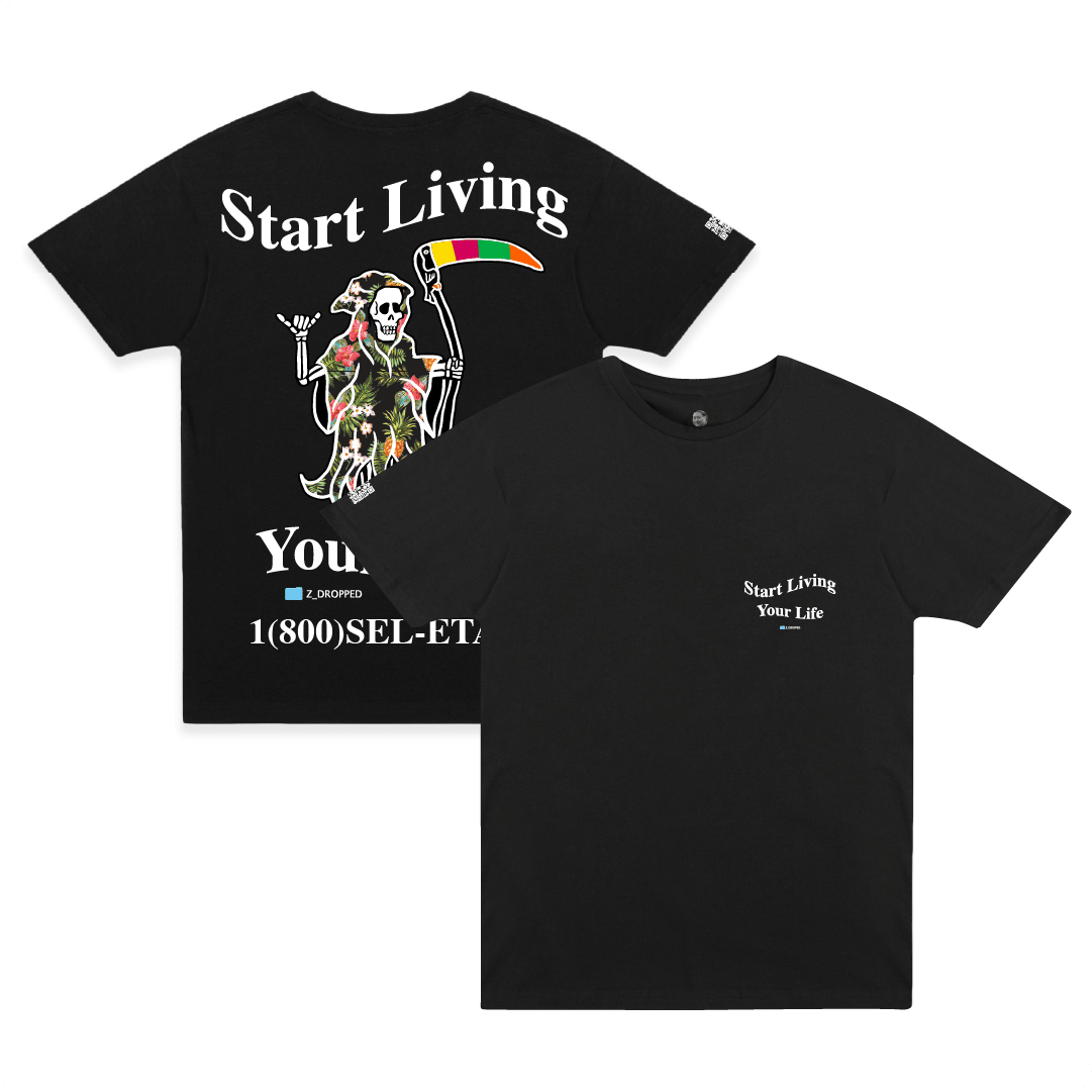 Front and rear view of a black shirt with a Floral Grim Reaper with white 'Start living your Life' text on a white background.