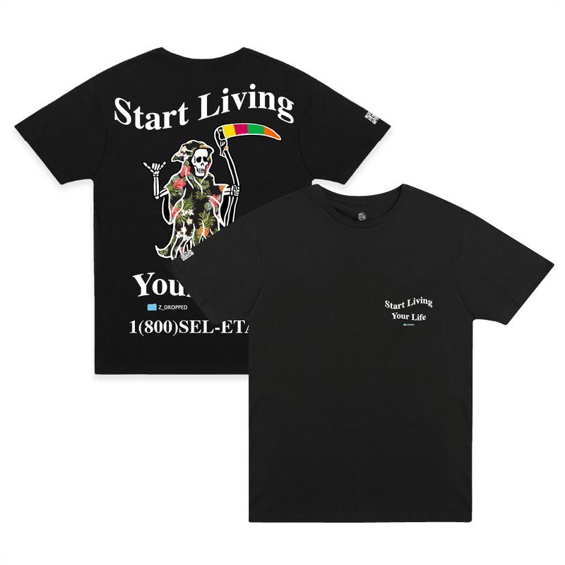 Front and rear view of a black shirt with a Floral Grim Reaper with white 'Start living your Life' text on a white background.