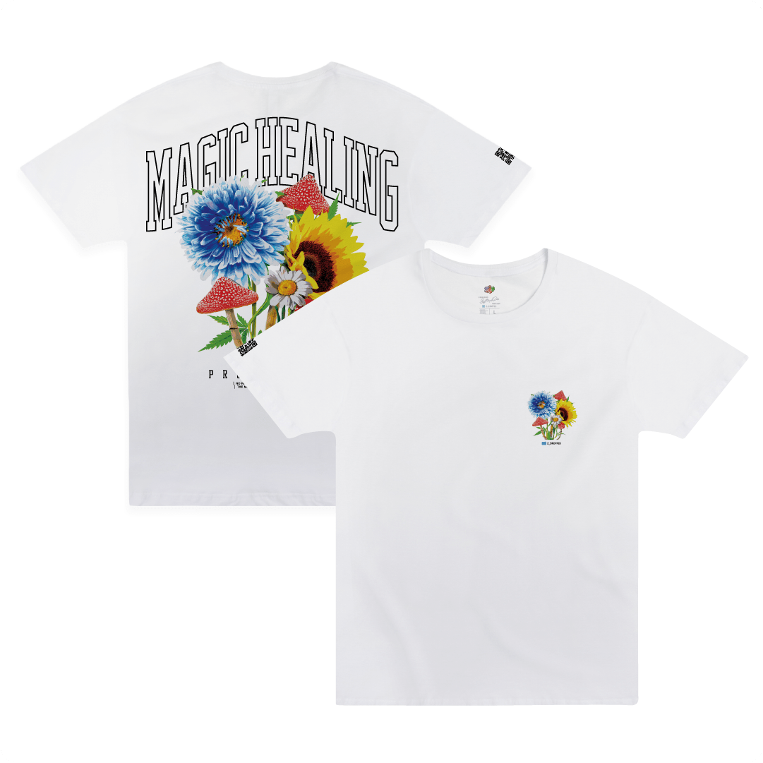 Front and rear view of a white shirt with flowers, magic mushrooms, and large 'Magic Healing' white text.