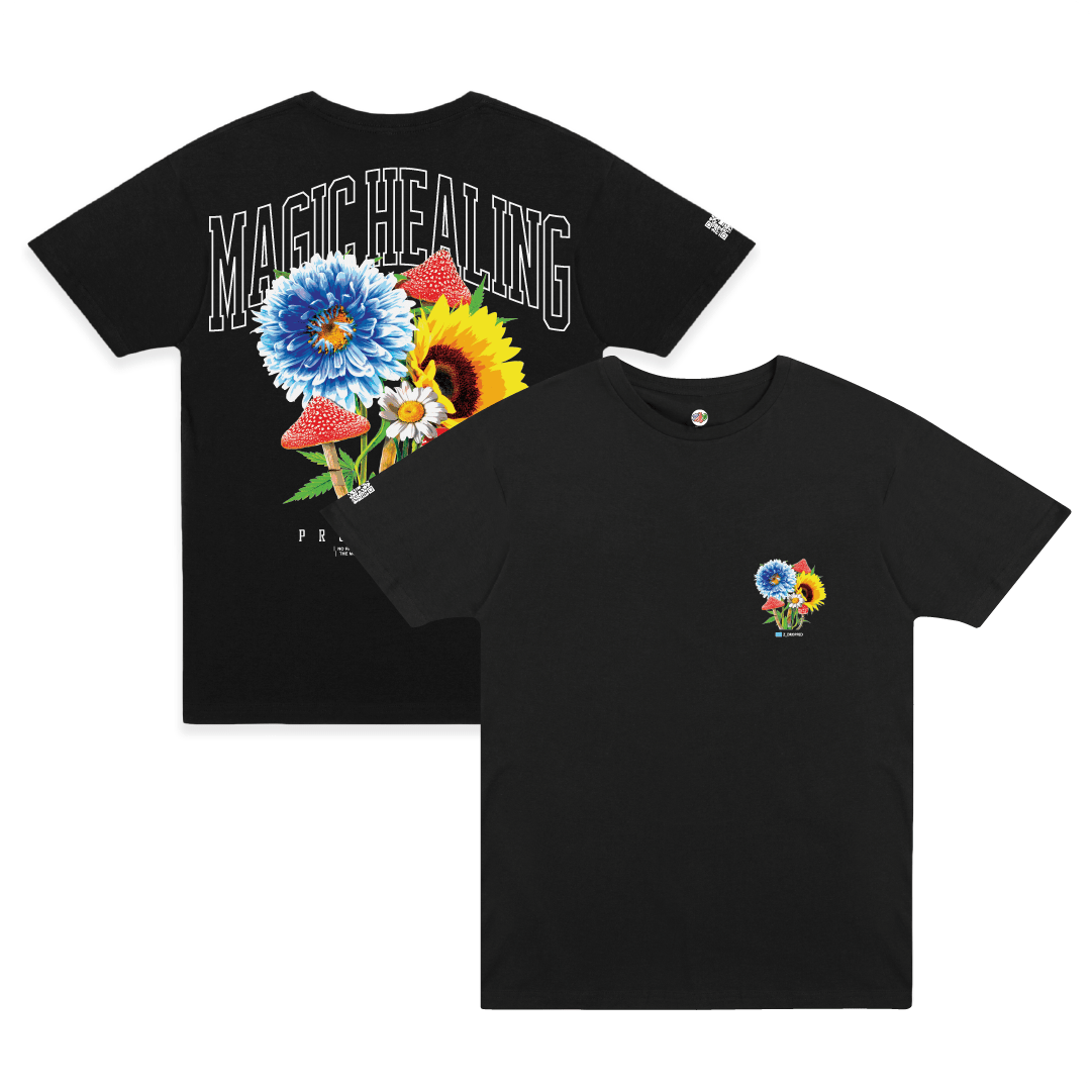 Front and rear view of a black shirt with flowers, magic mushrooms, and large 'Magic Healing' white text.