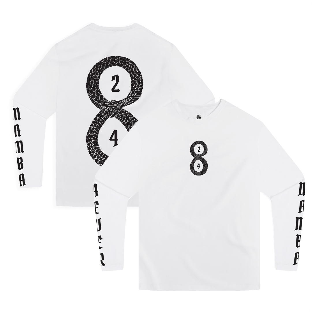 Front and rear view of a unisex white long sleeve t-shirt with a Black Mamba snake and a 8 and 24 graphic with "Mamba 4 Ever" on the sleeves.