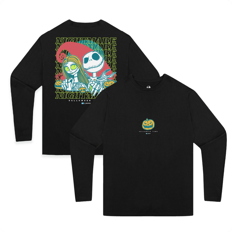 Front and back view of a black long-sleeve shirt with cartoon skeletons and neon green 'Nightmare' text with a. pumpkin on the front.