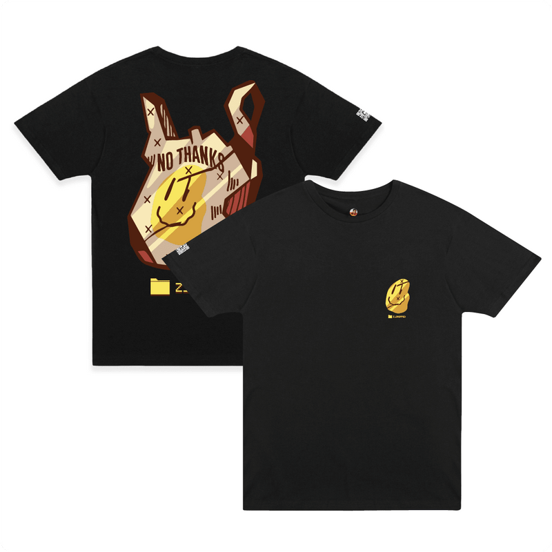 Front and rear view of a black t-shirt with a large paper bag graphic with a smiley face and 'No thanks' text.
