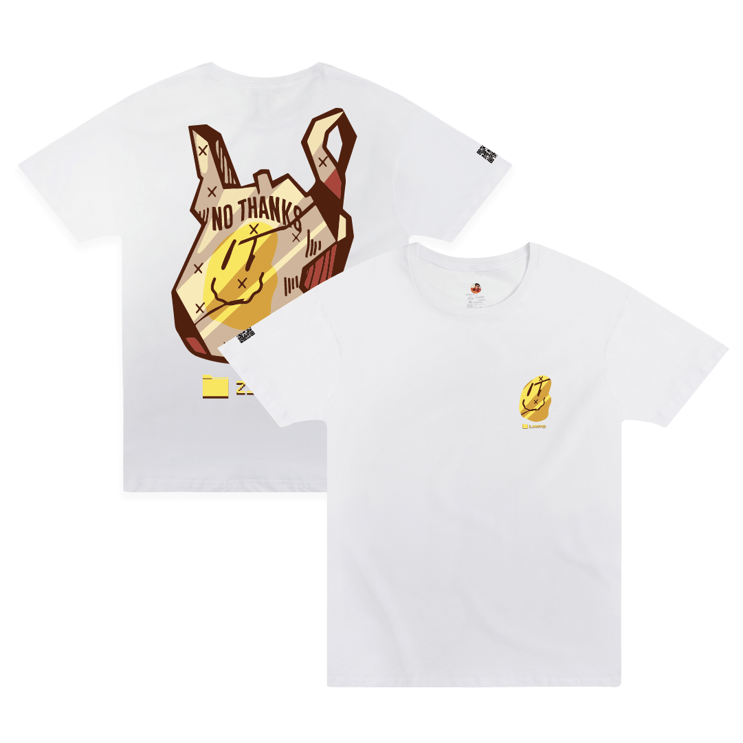 Front and rear view of a white t-shirt with a large paper bag graphic with a smiley face and 'No thanks' text.