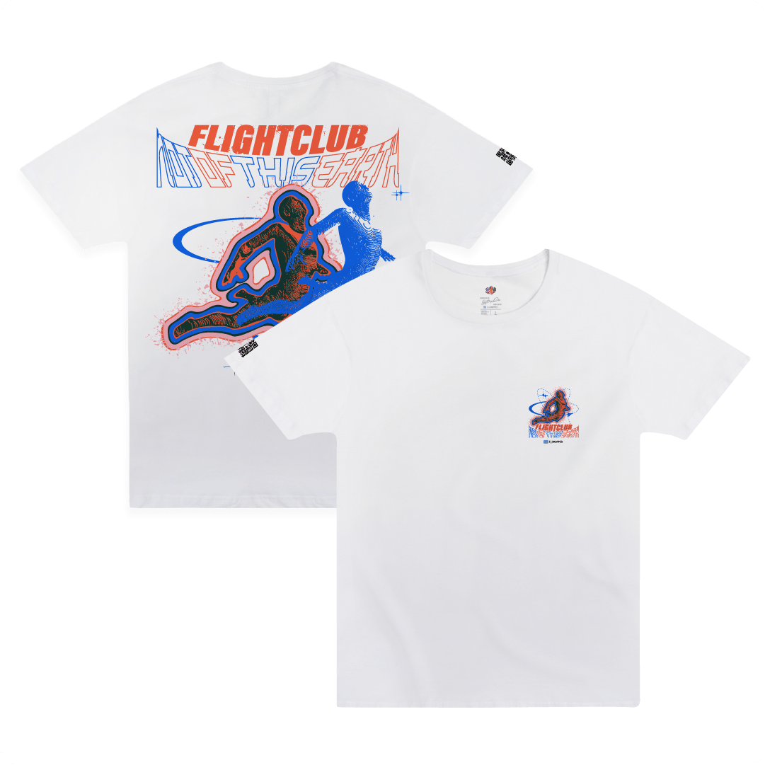 Front and back view of a white t-shirt with 'FLIGHTCLUB' and 'Not of This Earth' text with an outter body graphic design on the back and chest.