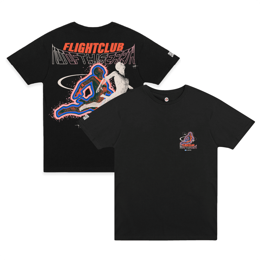 Front and back view of a black t-shirt with 'FLIGHTCLUB' and 'Not of This Earth' text with an outter body graphic design on the back and chest.