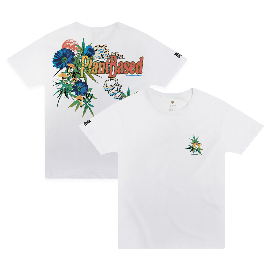 Front and rear view of a white t-shirt with floral weed leafs and a colorful 'Plant Based' text with mushrooms and smoke.