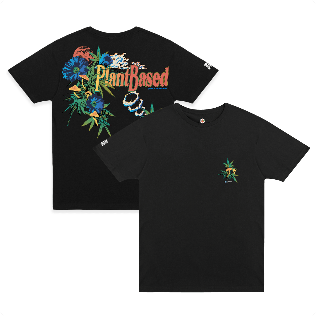 Front and rear view of a black t-shirt with floral weed leafs and a colorful 'Plant Based' text with mushrooms and smoke.