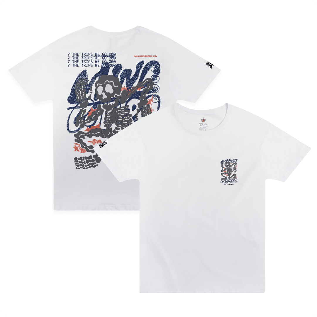 Front and rear view of white shirt with a large navy and grey skeleton design on the back that says 'Mind Control' and a smaller one on the front chest.