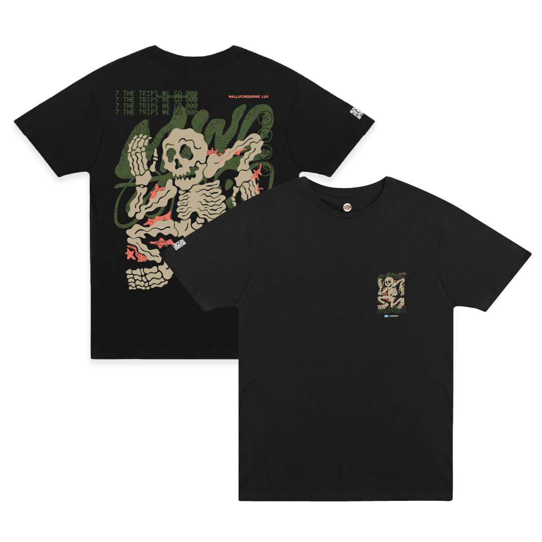 Front and rear view of black shirt with a large khaki and green skeleton design on the back that syas 'Mind Control' and a smaller one on the front chest.