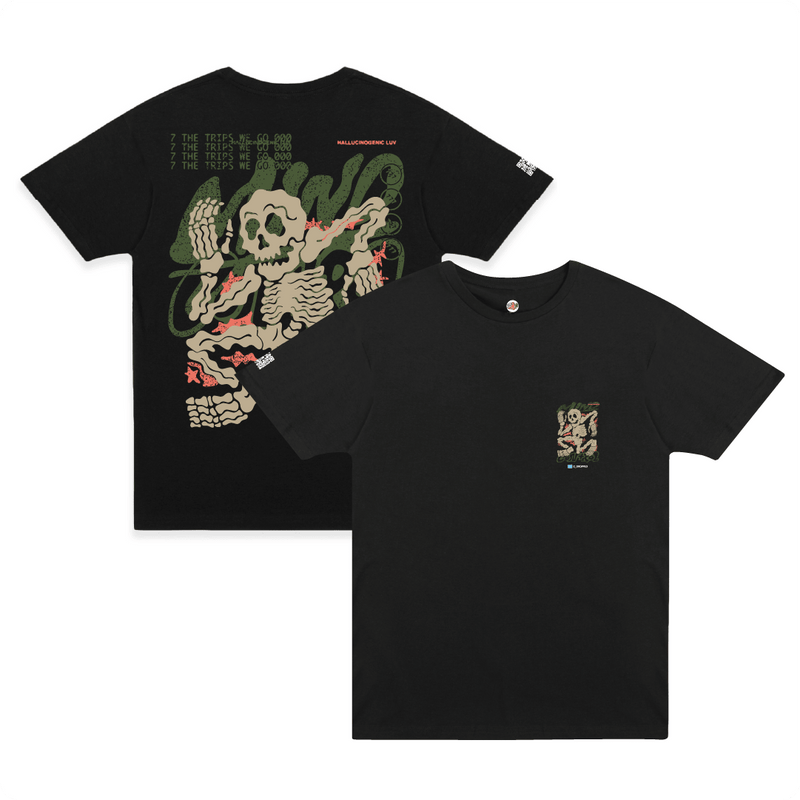Front and rear view of black shirt with a large khaki and green skeleton design on the back that syas 'Mind Control' and a smaller one on the front chest.