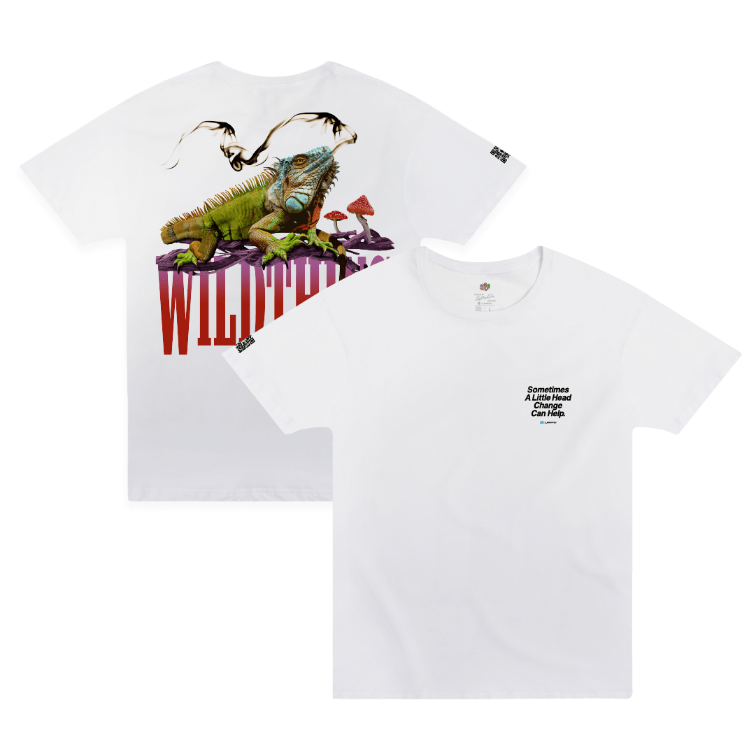 Front and rear view of a white t-shirt with an iguana lizard smoking a joint on a large red 'WILDTHING' text with magic mushrooms. 