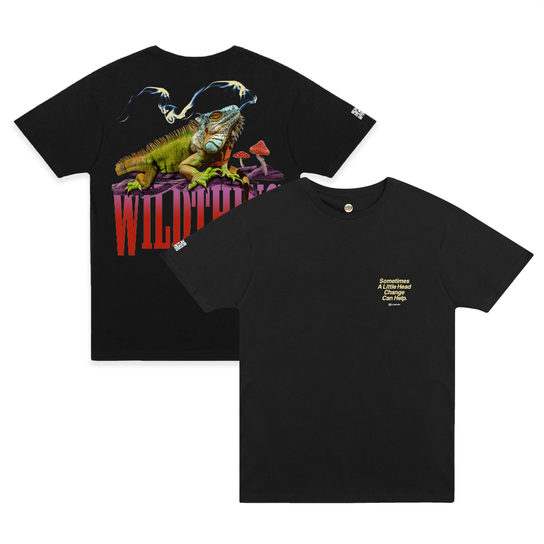 Front and rear view of a black t-shirt with an iguana lizard smoking a joint on a large red 'WILDTHING' text with magic mushrooms. 